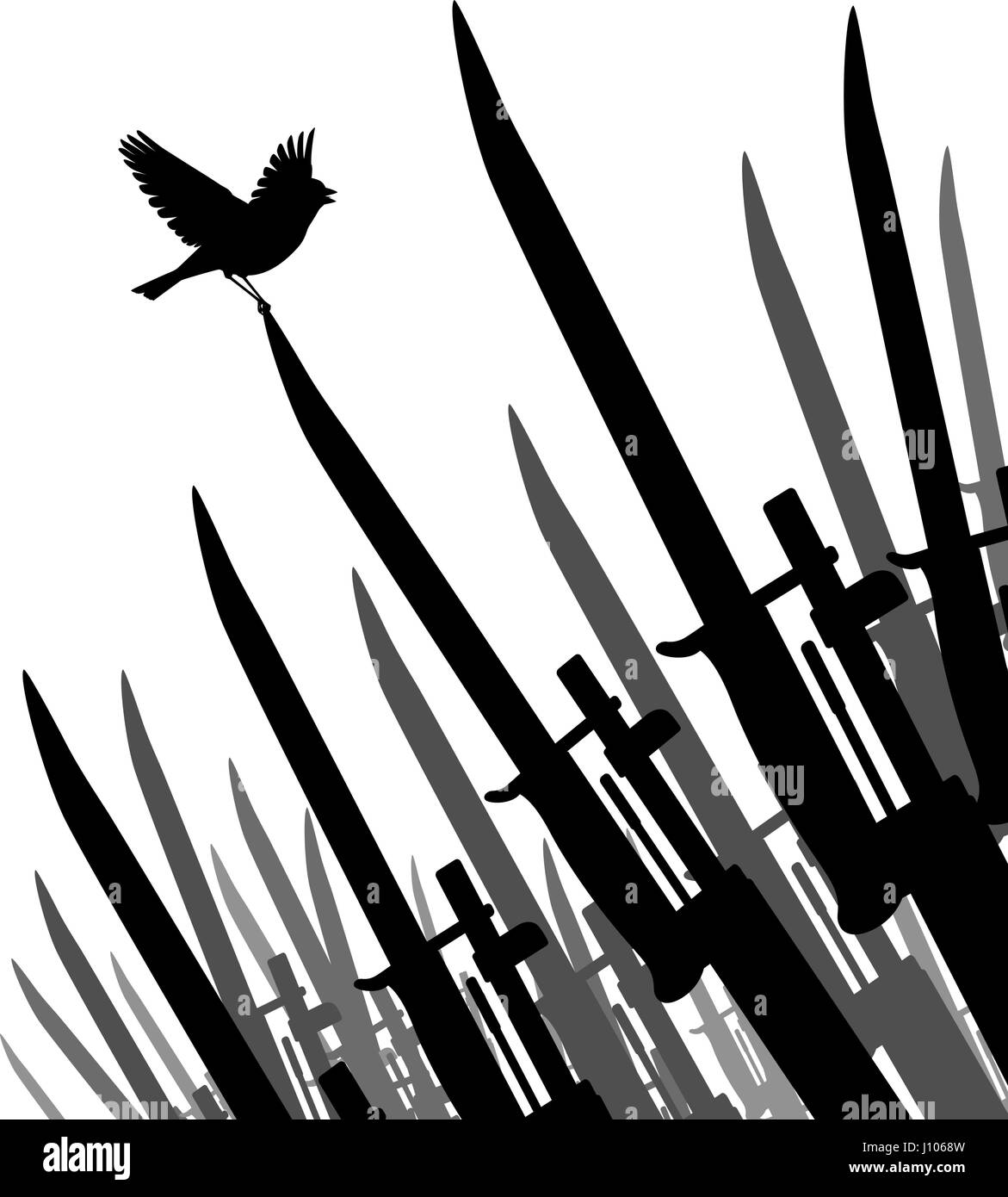 Editable vector silhouette of a singing bird perched on the tip of a bayonet as a symbol of peace Stock Vector