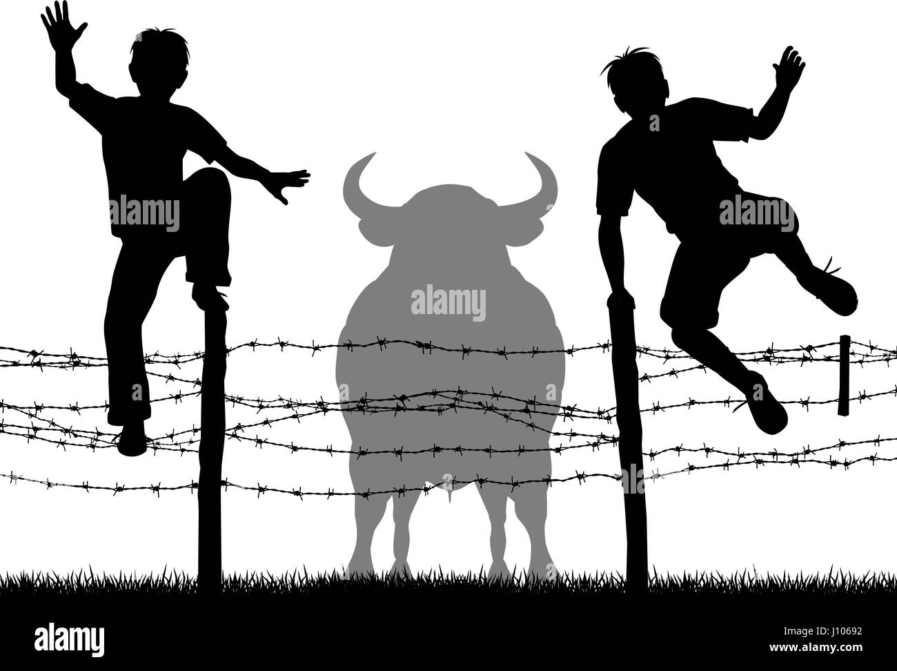 Editable vector silhouettes of two boys jumping over a barbed wire fence to escape a bull with all figures as separate objects Stock Vector