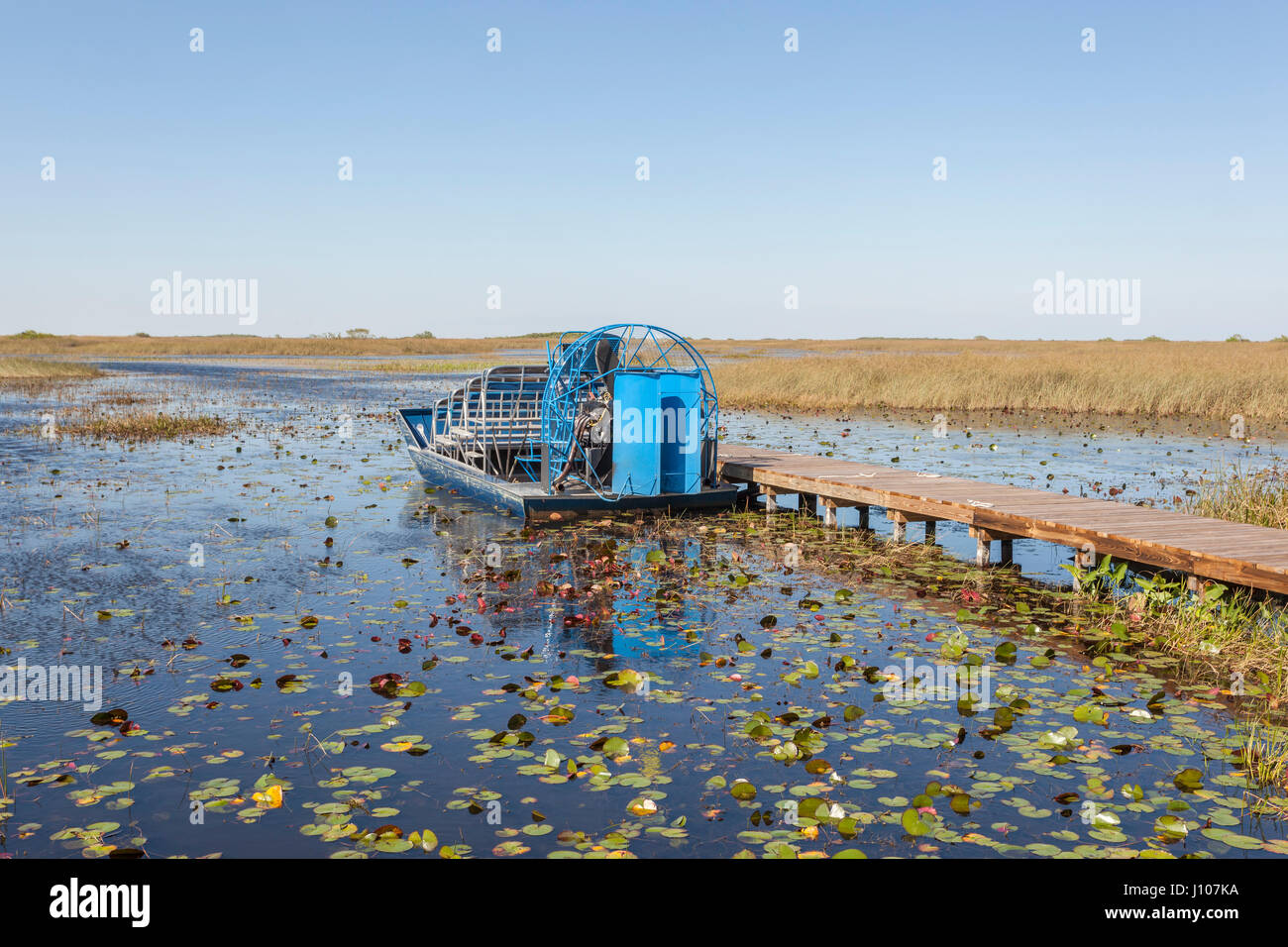 Airboat at a jetty in the Everglades National Park. Florida, United States Stock Photo