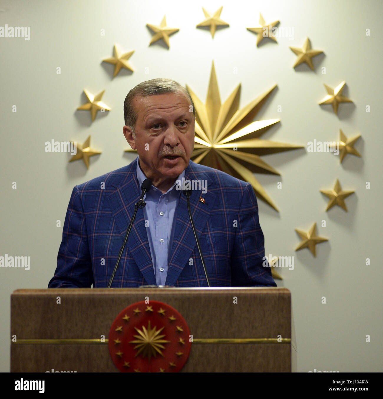 Istanbul, Turkey. 16th Apr, 2017. Turkish President Recep Tayyip Erdogan makes statements in Istanbul, Turkey, on April 16, 2017. Turkish President Recep Tayyip Erdogan declared on Sunday night that the proposed constitutional changes were accepted in a referendum, paying the way for the country to introduce the presidential system. Credit: DHA/Depo Photos/Xinhua/Alamy Live News Stock Photo