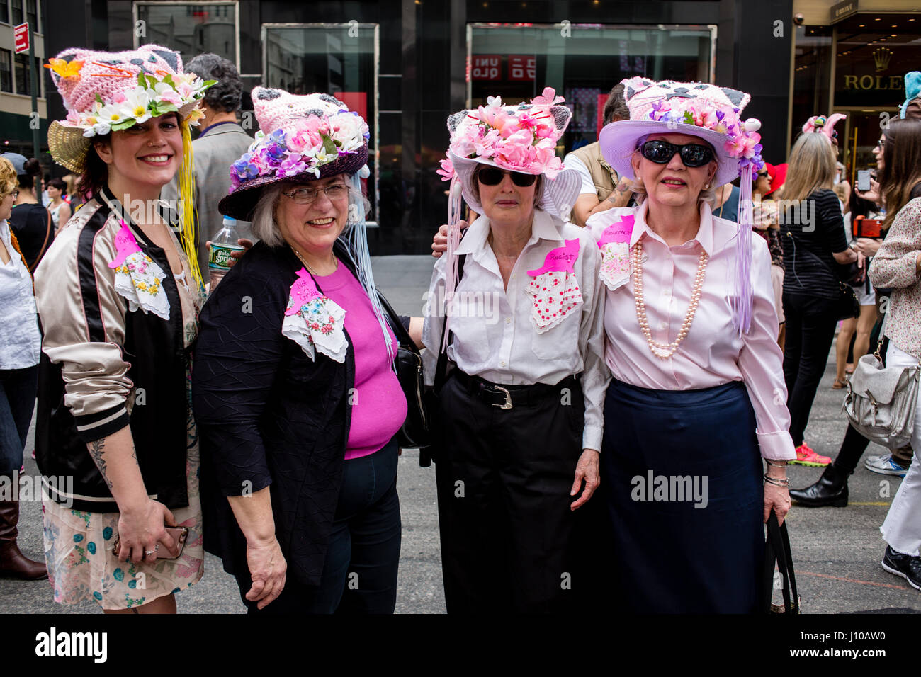 New York, USA. 16th Apr, 2017. Four women wearing hats that incorporate ...