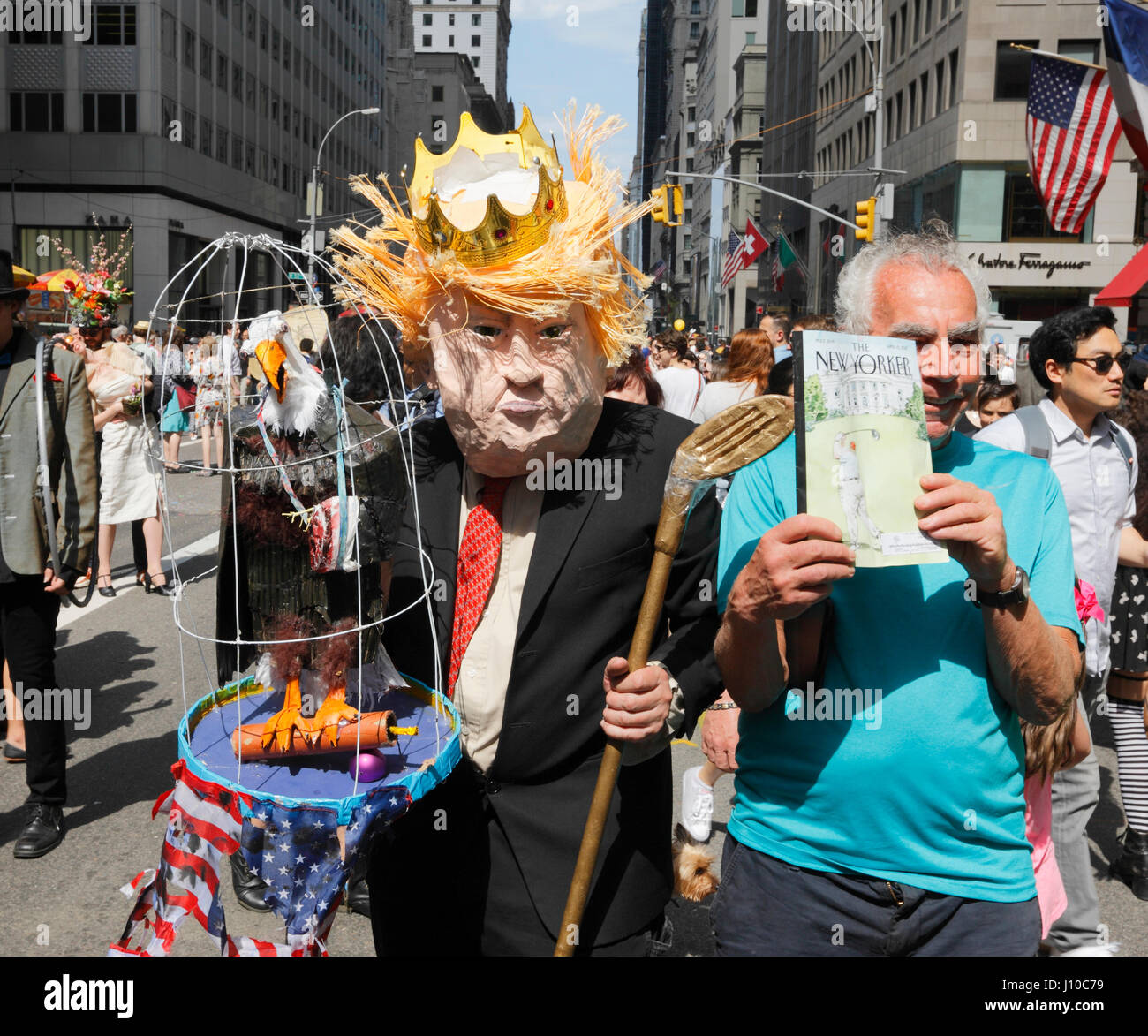 New York, USA. 16th Apr, 2017. Easter Parade and Bonnet Festival in Manhattan, Man wearing U.S. President Donald Trump's mask and costume, Fifth avenue in New York City, April 16, 2017. Credit: Nino Marcutti/Alamy Live News Stock Photo
