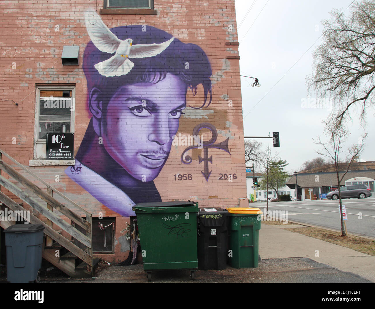 Minneapolis, Minnesota, USA. 13th Apr, 2017. A picture of the musician Prince can be seen painted on the wall of a house in Minneapolis, Minnesota, USA, 13 April 2017. On April 21st, 2016 died the american pop-star at his estate in Chanhassen, Minnesota, of an accidental overdose of the analgesic Fentanyl. Photo: Christina Horsten/dpa/Alamy Live News Stock Photo