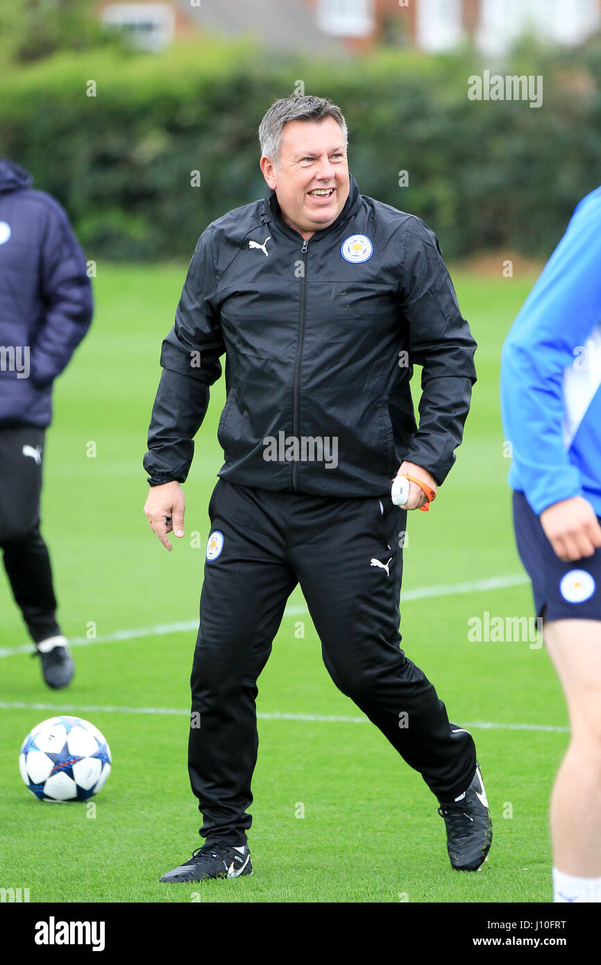 Leicester, England, 17th, April, 2017.   LCFC Manager Craig Shakespeare prepares to take the team training session session at their Belvoir Drive training ground in readiness for the second leg of the UEFA Champions League Quarter Final tie with Atletico Madrid.  © Phil Hutchinson/Alamy Live News Stock Photo
