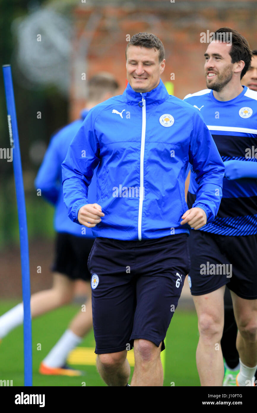 Leicester, England, 17th, April, 2017.   LCFC defender Robert Huth training at their Belvoir Drive ground in readiness for the second leg of the UEFA Champions League Quarter Final tie with Atletico Madrid.  © Phil Hutchinson/Alamy Live News Stock Photo