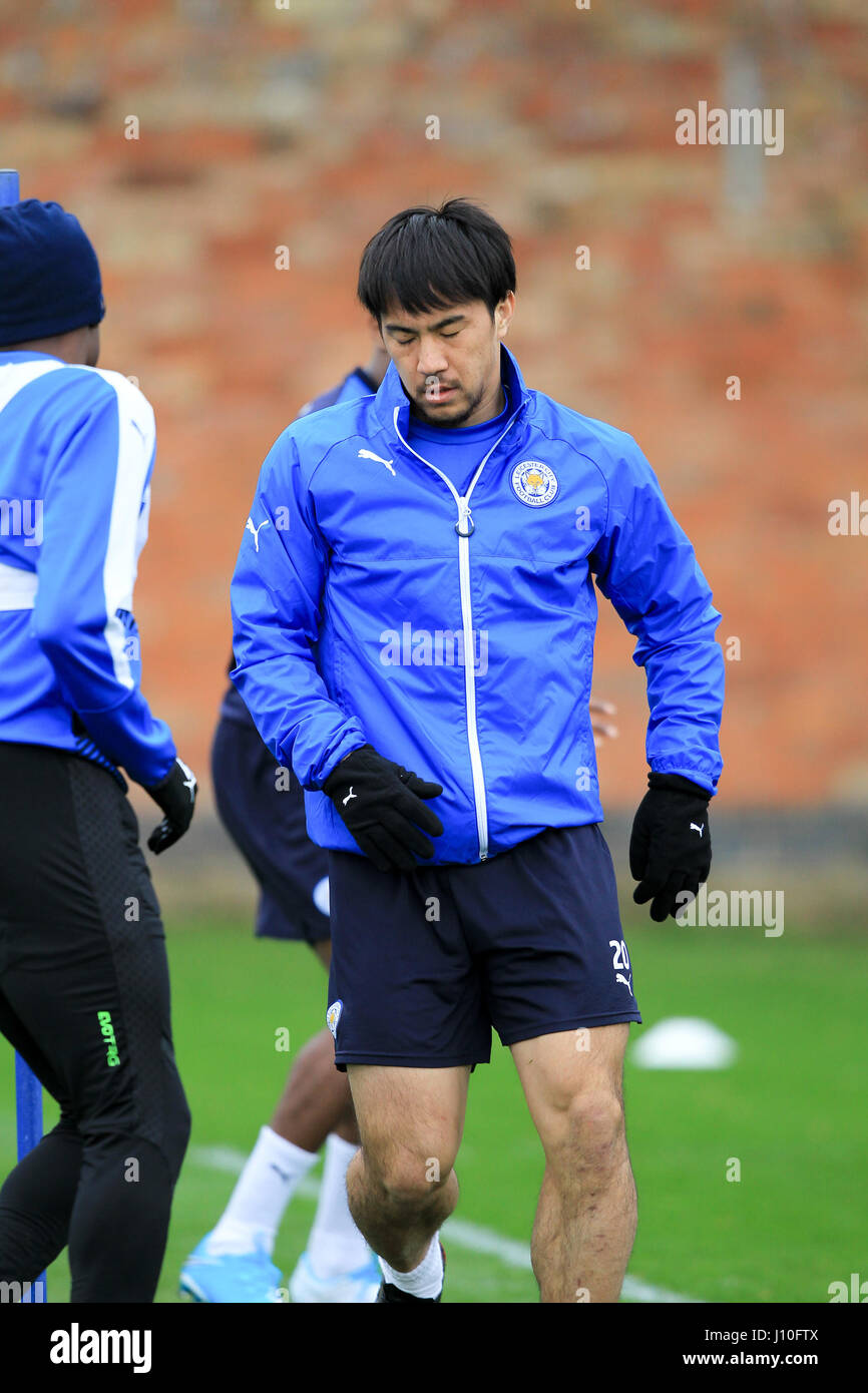 Leicester, England, 17th, April, 2017.   LCFC striker Shinji Okazaki training at the Belvoir Drive ground in readiness for the second leg of the UEFA Champions League Quarter Final tie with Atletico Madrid.  © Phil Hutchinson/Alamy Live News Stock Photo