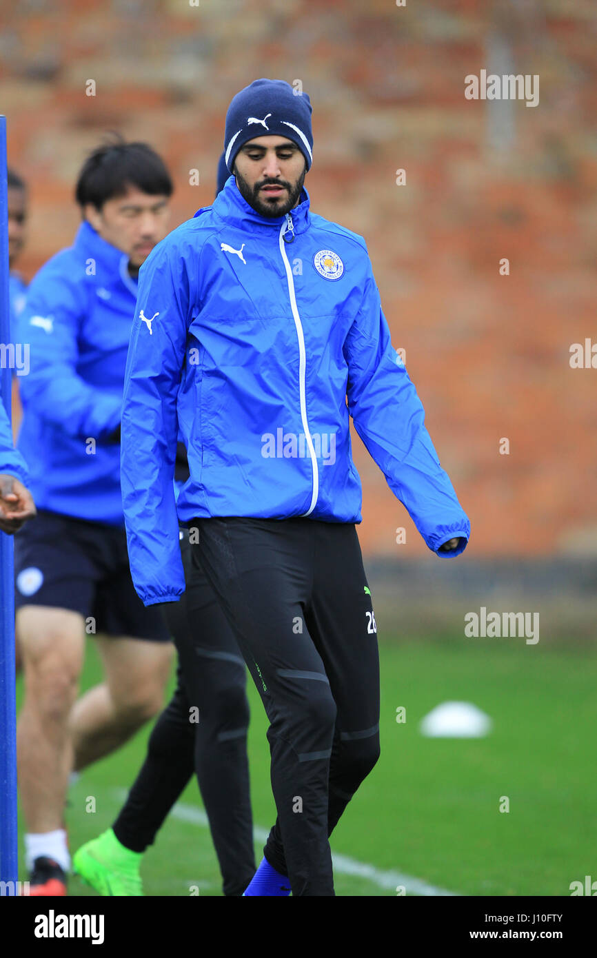 Leicester, England, 17th, April, 2017.   LCFC midfielder Riyad Mahrez training at the Belvoir Drive ground in readiness for the second leg of the UEFA Champions League Quarter Final tie with Atletico Madrid.  © Phil Hutchinson/Alamy Live News Stock Photo