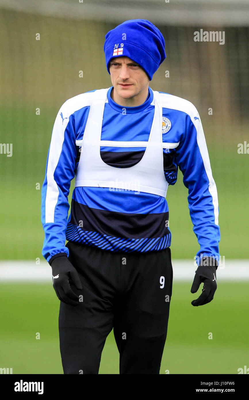 Leicester, England, 17th, April, 2017.   LCFC striker Jamie Vardy training at the Belvoir Drive ground in readiness for the second leg of the UEFA Champions League Quarter Final tie with Atletico Madrid.  © Phil Hutchinson/Alamy Live News Stock Photo
