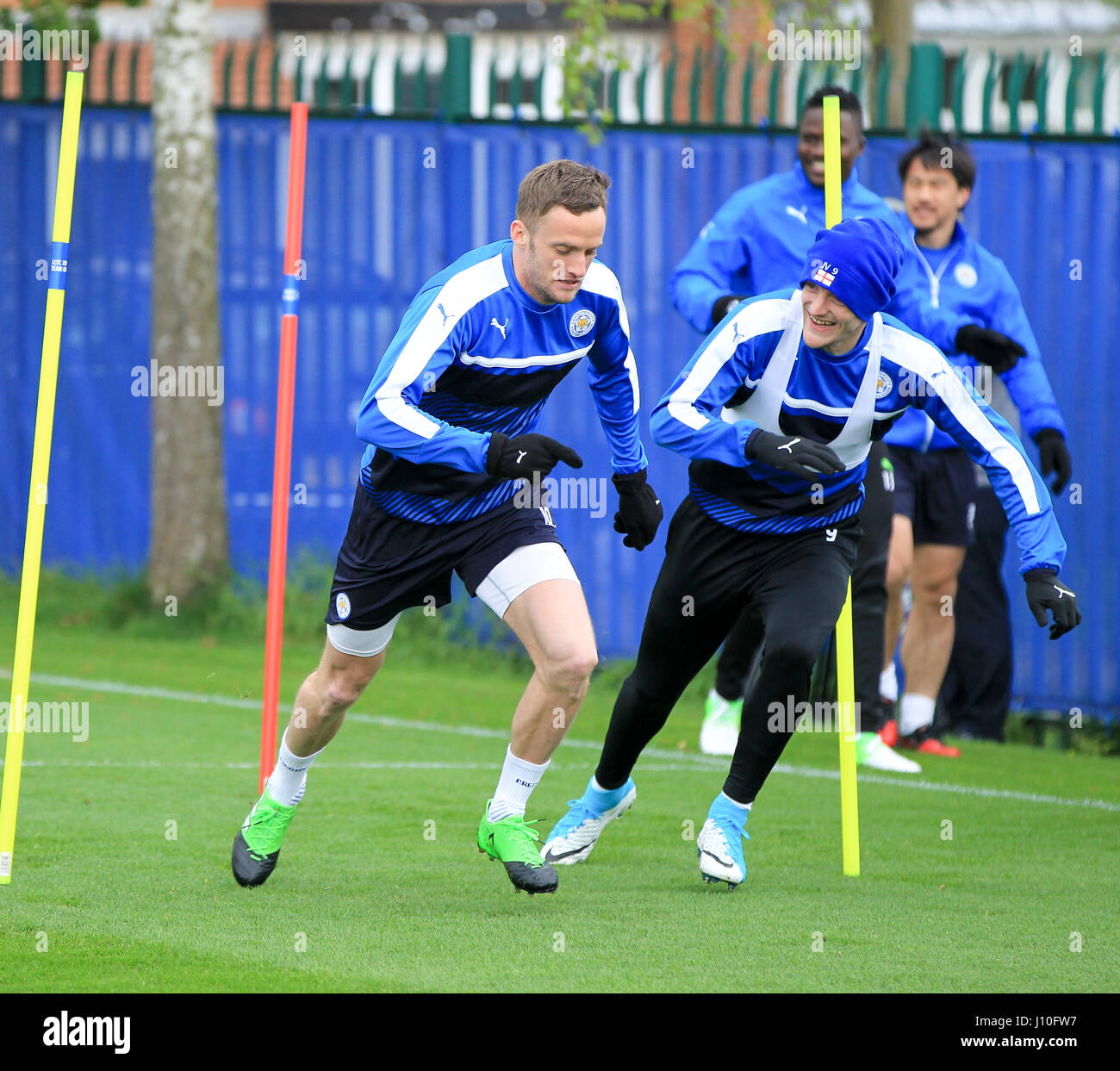 Leicester, England, 17th, April, 2017.   LCFC strikers Jamie Vardy and Andy King training at the Belvoir Drive ground in readiness for the second leg of the UEFA Champions League Quarter Final tie with Atletico Madrid.  © Phil Hutchinson/Alamy Live News Stock Photo