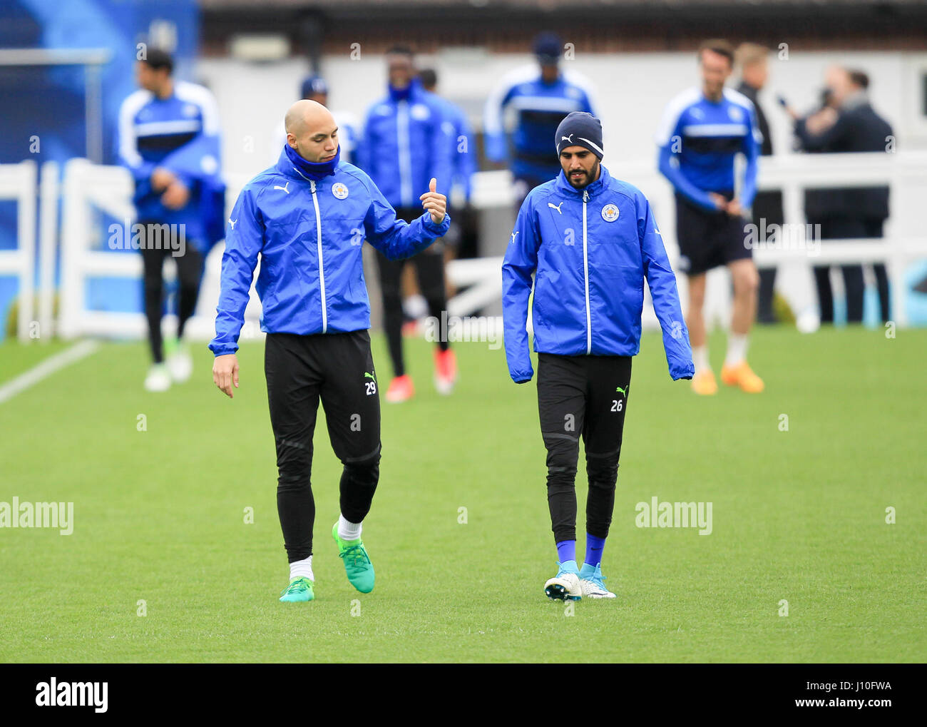 Leicester, England, 17th, April, 2017.   LCFC midfielders Riyad Mahrez and Yohan Benalouane during the training session held at Belvoir Drive ground in readiness for the second leg of the UEFA Champions League Quarter Final tie with Atletico Madrid.  © Phil Hutchinson/Alamy Live News Stock Photo