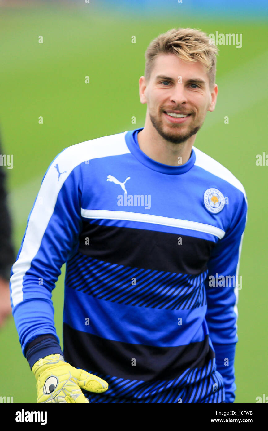 Leicester, England, 17th, April, 2017.   LCFC Goalkeeper Ron-Robett Zieler during the  training session held at their Belvoir Drive tground in readiness for the second leg of the UEFA Champions League Quarter Final tie with Atletico Madrid.  © Phil Hutchinson/Alamy Live News Stock Photo