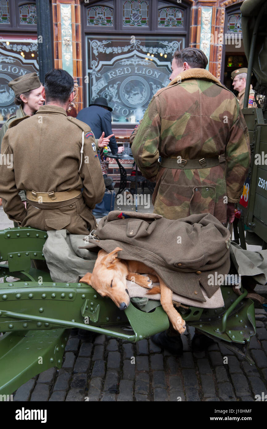 Critch Tramway Village, Derbyshire, UK. WWII Home Front Event.  A dog sleeps under military uniform whilst soldiers chat outside the pub. Credit: lee avison/Alamy Live News Stock Photo