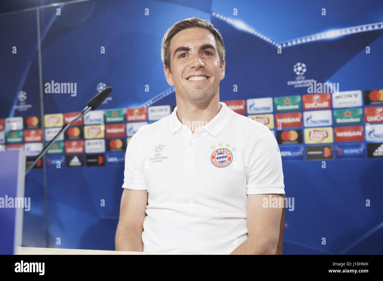 Madrid, Madrid, Spain. 17th Apr, 2017. Philipp Lahm (defender; Bayern Munchen) during a press conference held at Santiago Bernabeu stadium in Madrid, Spain, 17 April 2017. Real Madrid will face Bayern Munich in a Champions League quarter finals second leg soccer match on 18 April. Credit: Jack Abuin/ZUMA Wire/Alamy Live News Stock Photo
