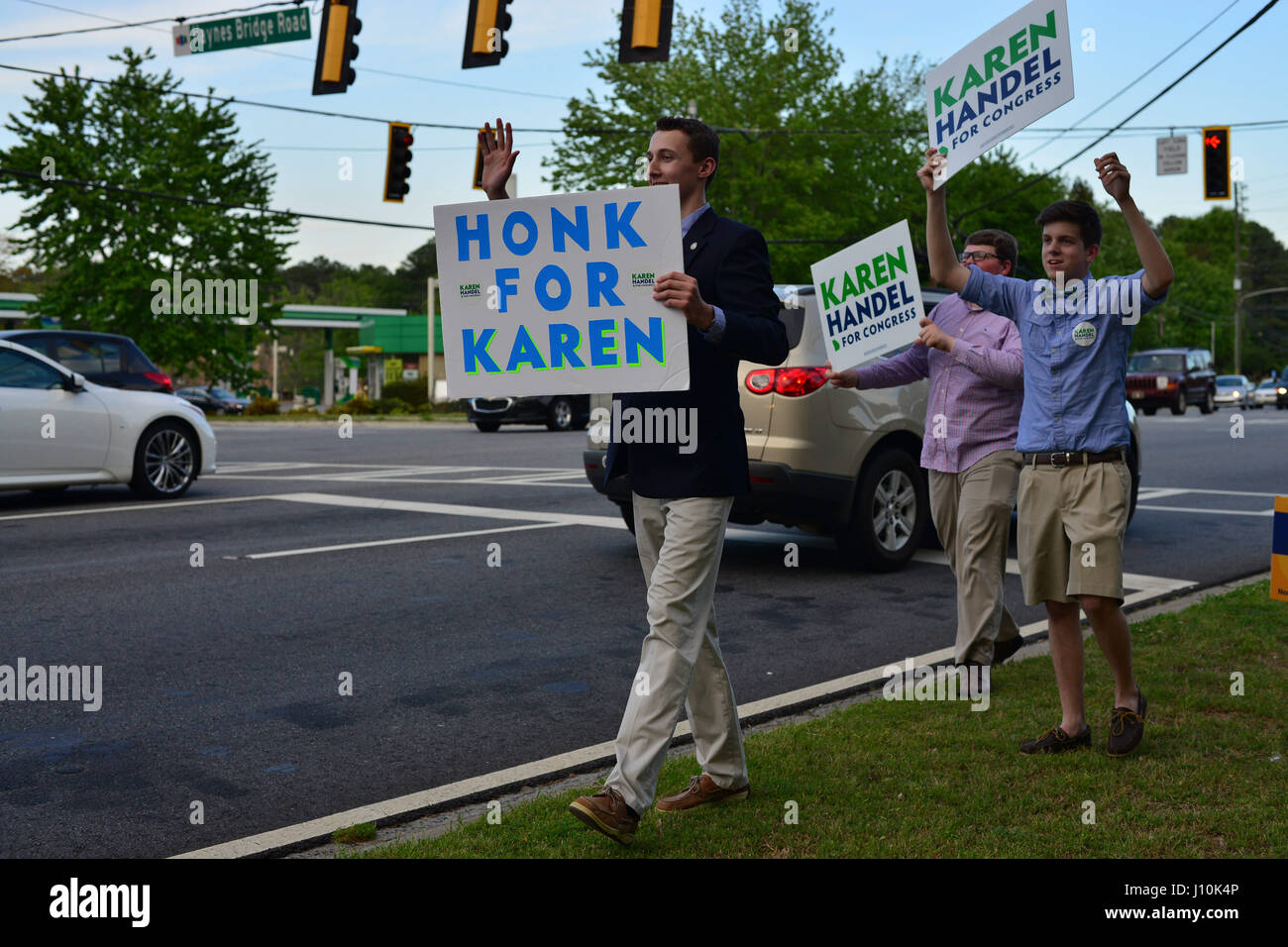 Atlanta, Georgia, USA. 17th Apr, 2017. Jack Miller, Jake Muelibauer and Max Woodcock, campaign for Georgia GOP candidate for Congress Karen Handel in suburban Atlanta Monday. Georgia's 6th Congressional district holds its nationally-watched special election Tuesday to fill the seat vacated by Republican Tom Price, and Handel is in a tight race with Democrat Jon Ossoff, who is riding anti-Trump sentiment and has a chance to win the seat for Democrats for the first time in decades Credit: Miguel Juarez Lugo/ZUMA Wire/Alamy Live News Stock Photo