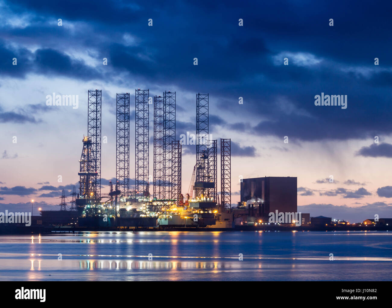 Hartlepool Nuclear power station and Able UK drydock at sunrise from