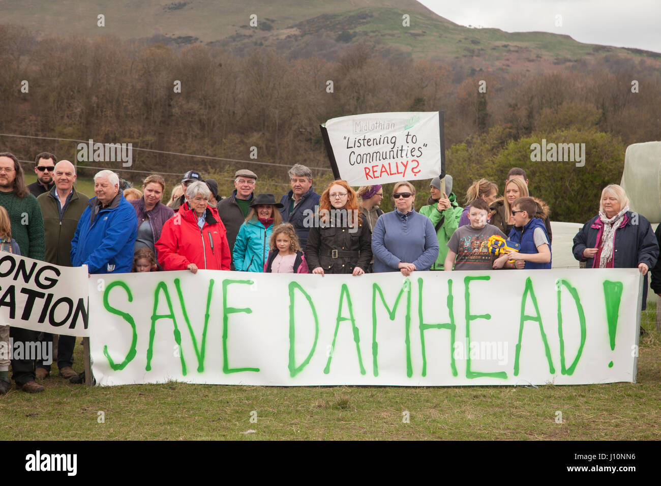 Damhead, Scotland, UK. 17th Apr, 2017. Save Jim´s farm: Object to the development of Pentland Studios on agricultural land. Around 100 people from across the Lothians, Borthers and Fife gathered on Easter Monday to save their local farm from development. Credit: Gabriela Antosova/Alamy Live News Stock Photo