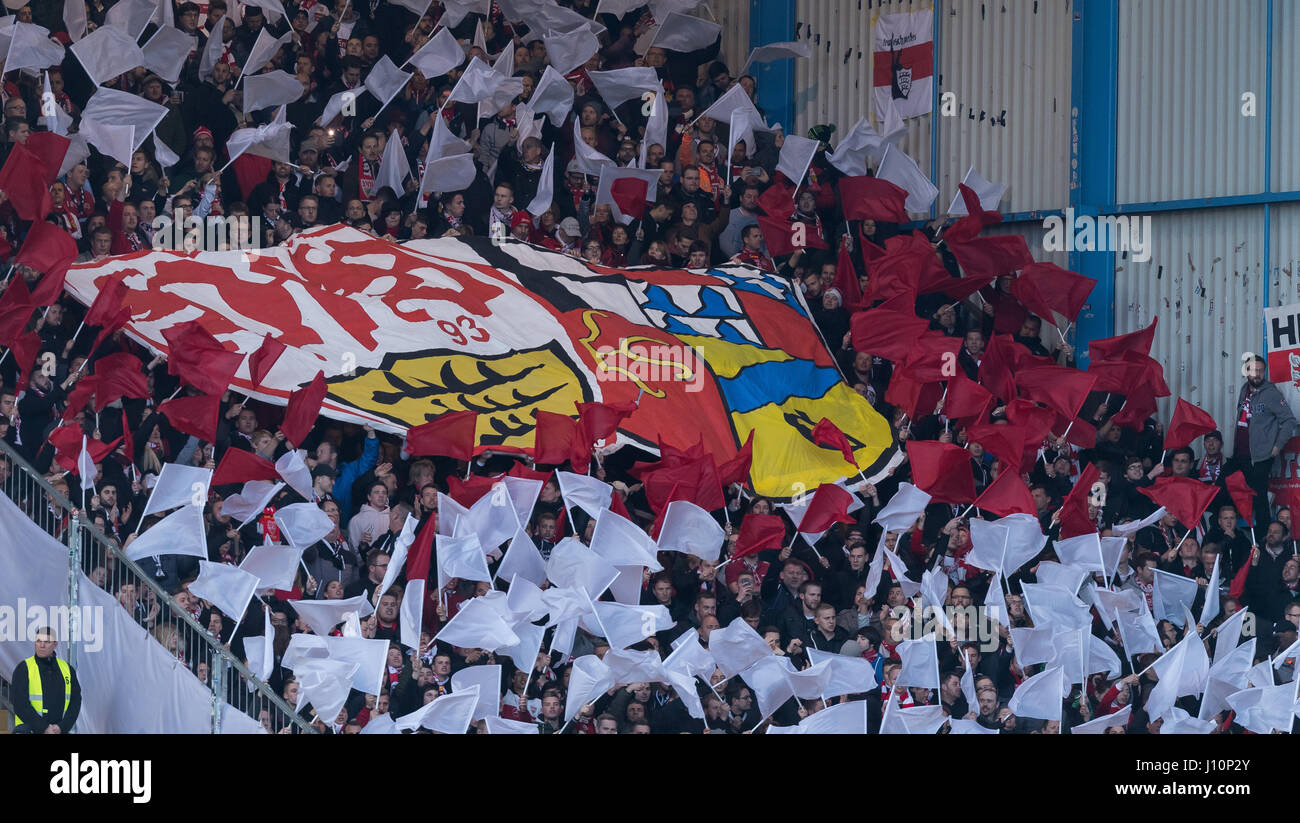 Stuttgart's fans present a choreography before the 2nd Bundesliga soccer match between Arminia Bielefeld and VfB Stuttgart in the Schueco Arena stadium in Bielefeld, Germany, 17 April 2017. Photo: Guido Kirchner/dpa Stock Photo