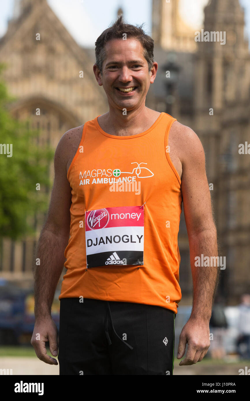 London, UK. 18 April 2017. Jonathan Djanogly MP, Conservative, Huntingdon, running for  Magpas Air Ambulance. MPs take part in a photocall for the Virgin Money London Marathon as Prime Minister Theresa May anounces a snap election in June. In total, 16 MPs will run at the London Marathon which takes place on 23 April 2017. © Bettina Strenske/Alamy Live News Stock Photo