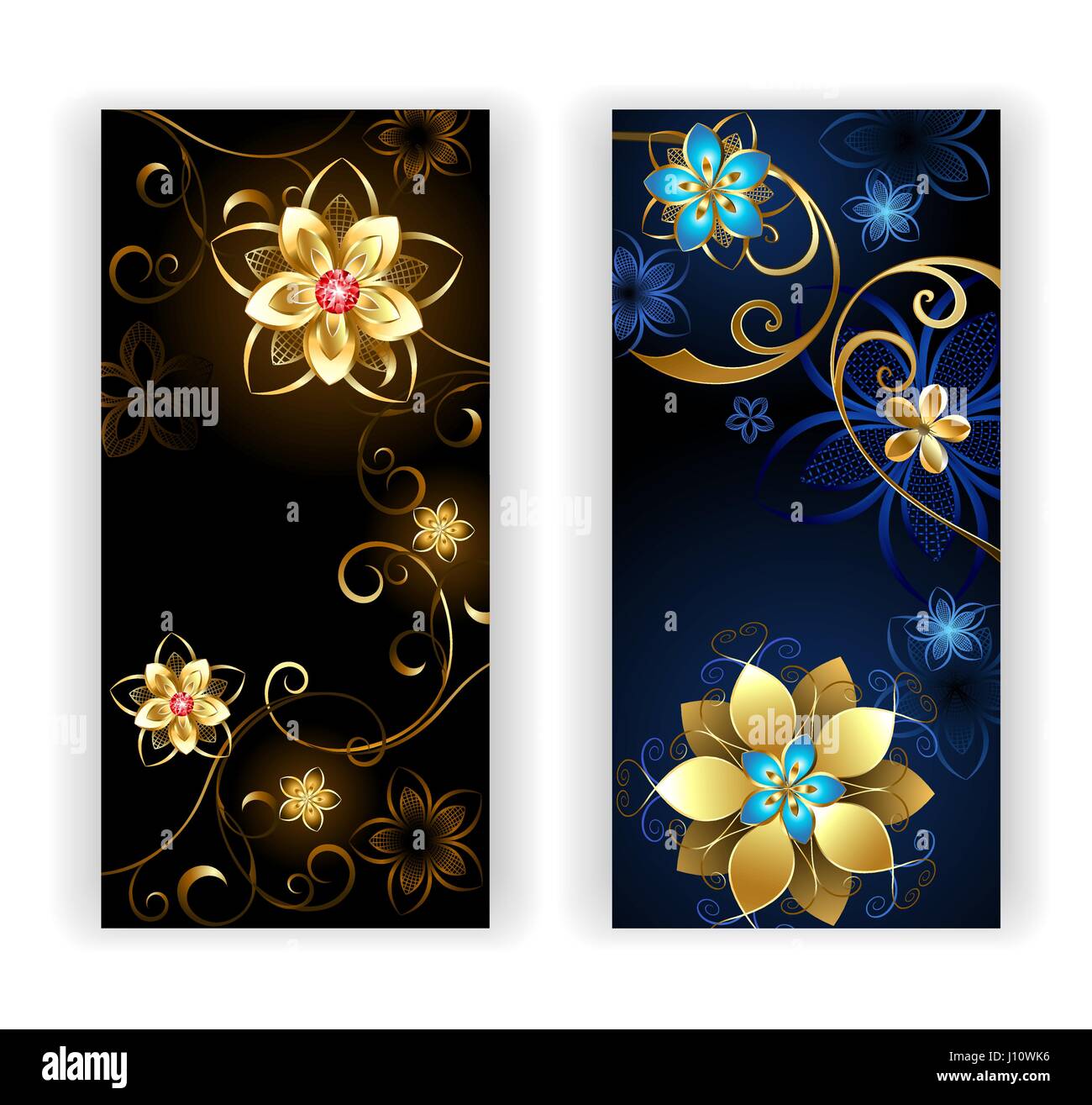 two vertical banner with shiny gold jewelry flowers on a black background. Stock Vector