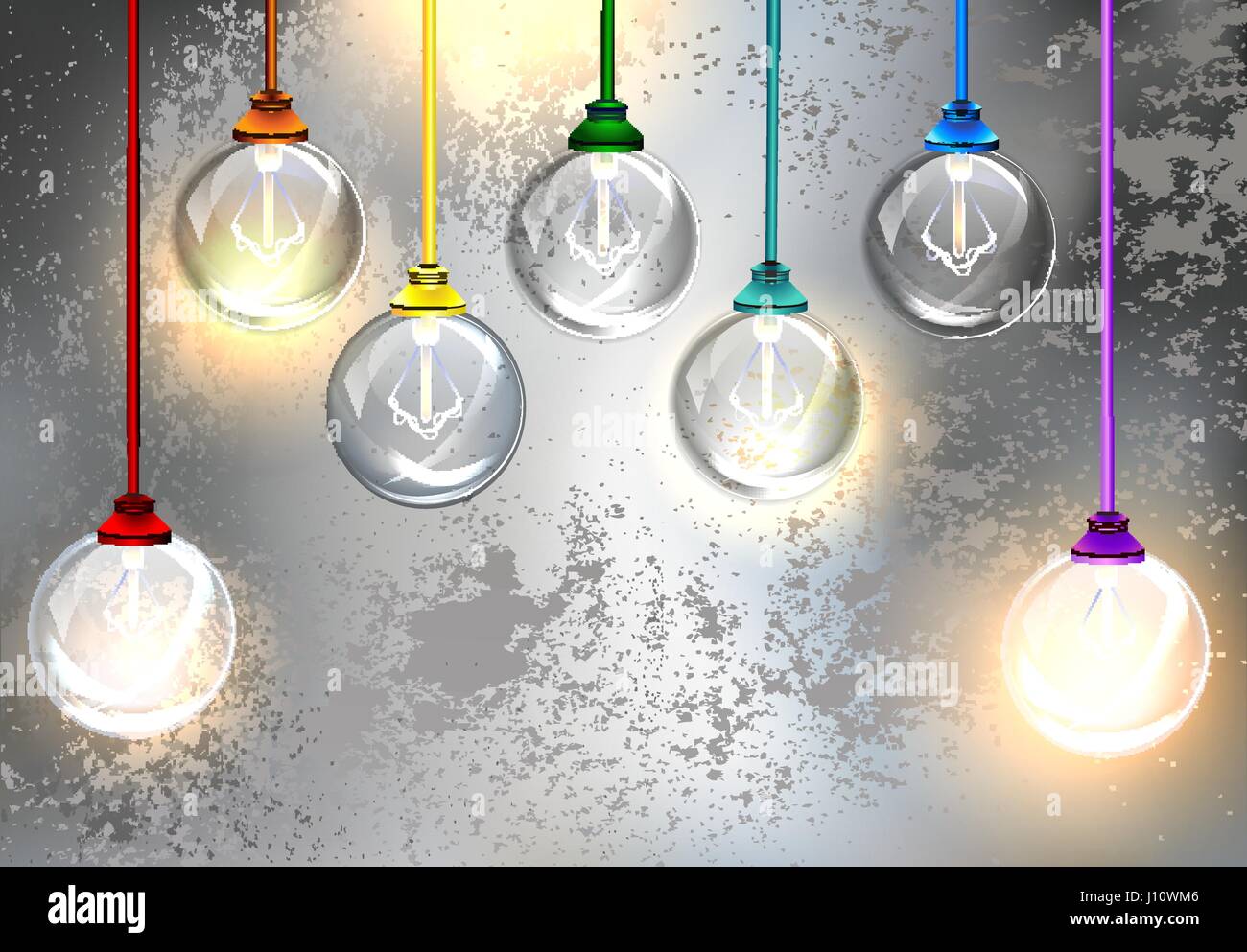 Seven round, glass bulbs with multi-colored cable on a gray, textured background. Industrial style. Stock Vector