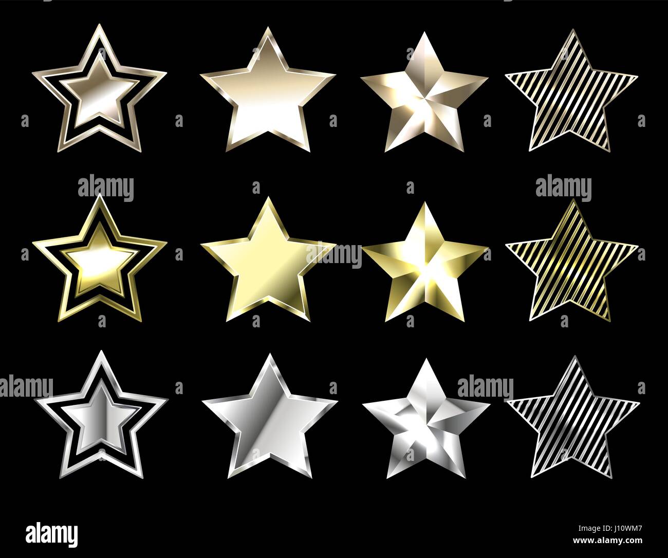 Set of stars made of platinum, white gold and yellow gold on a black background. Precious metal. Gold stars. Stock Vector