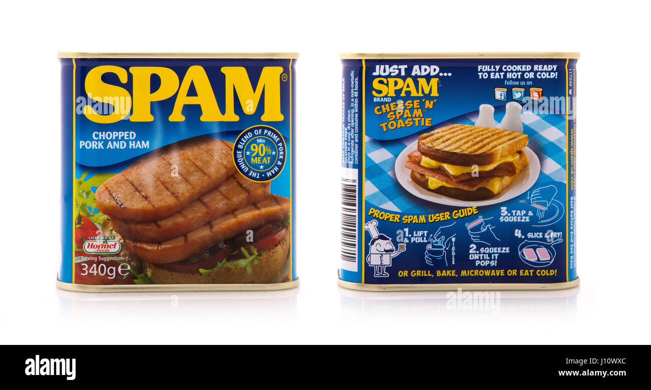 Front and rear views of a Tin of SPAM chopped pork and ham on a white background with copy space showing how to make a Cheese N Spam Toastie Stock Photo