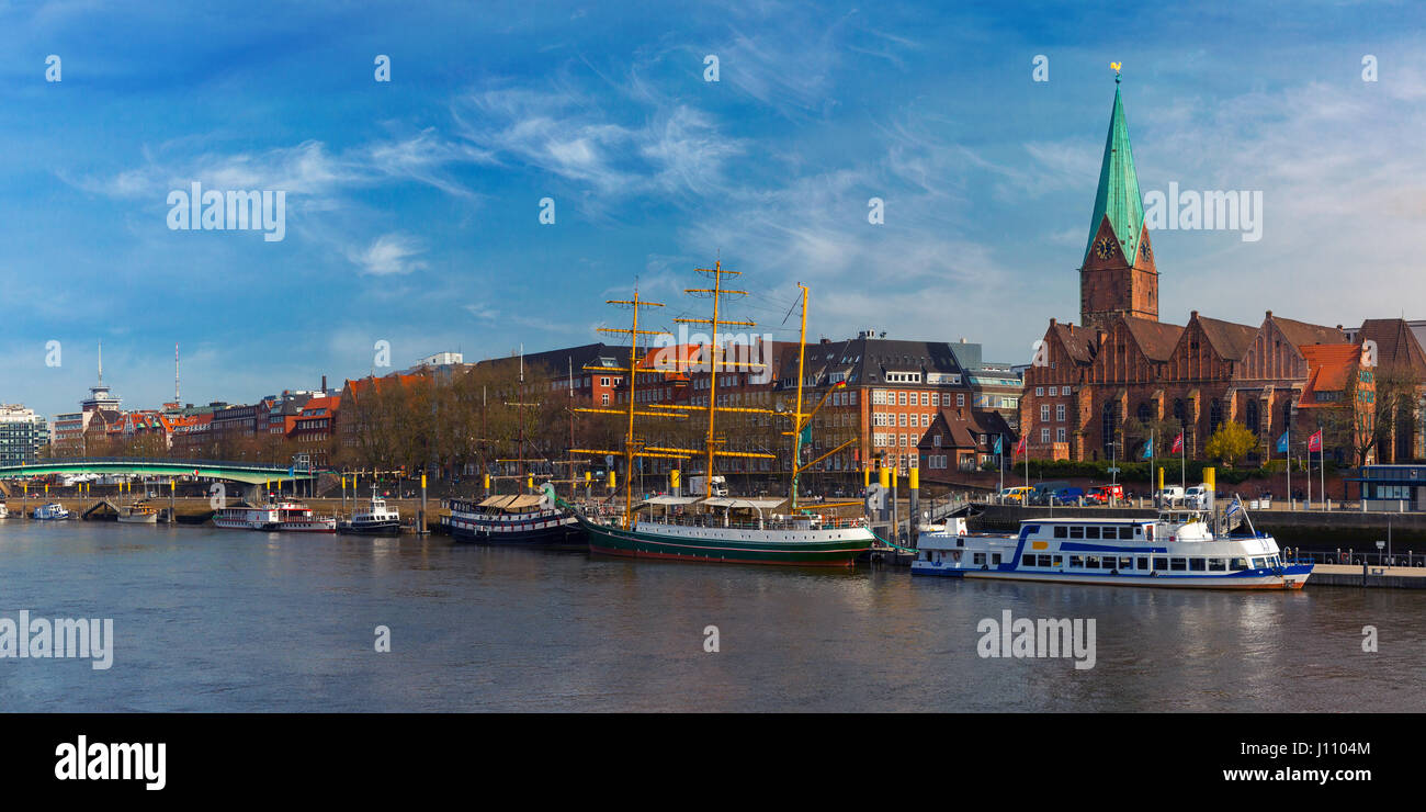 Weser River and St Martin Church, Bremen, Germany Stock Photo