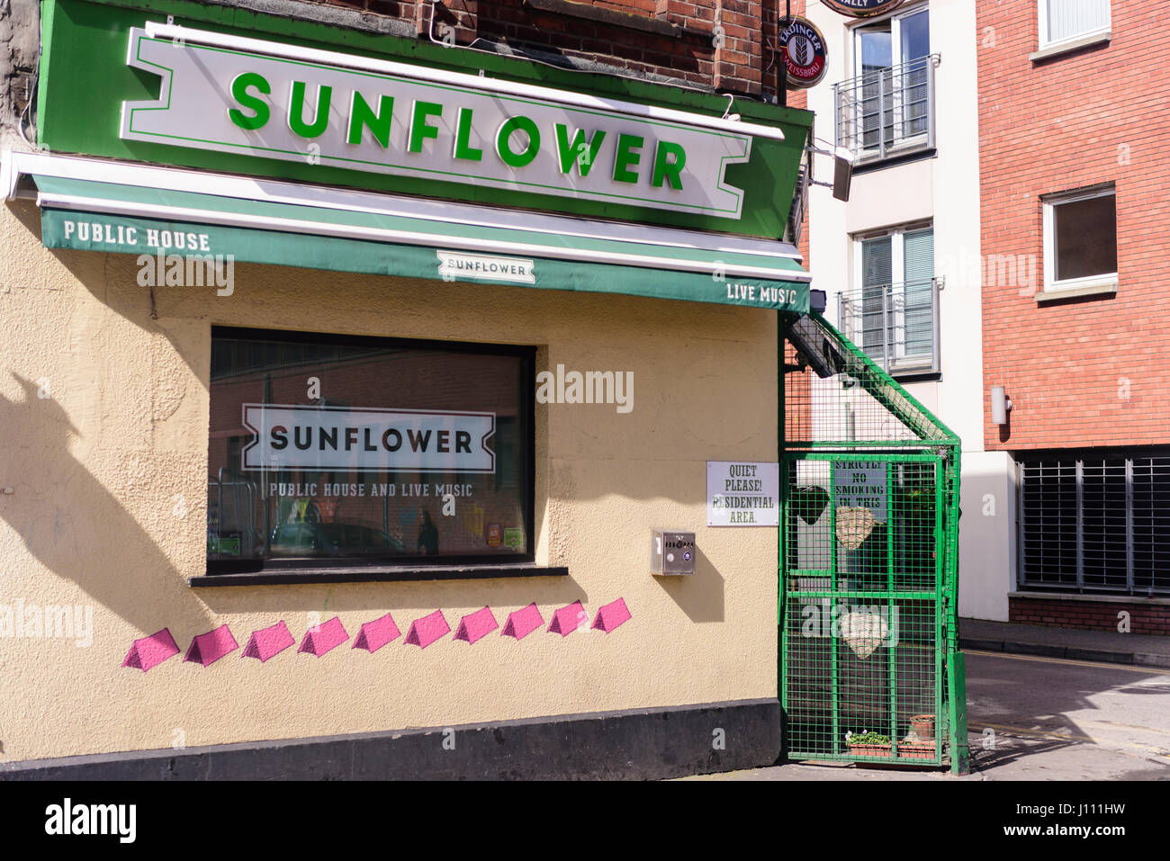 Sunflower Pub in Belfast. Used to be 'The Tavern Bar' during the Troubles. It retains the famous door security cage to prevent shootings. Stock Photo