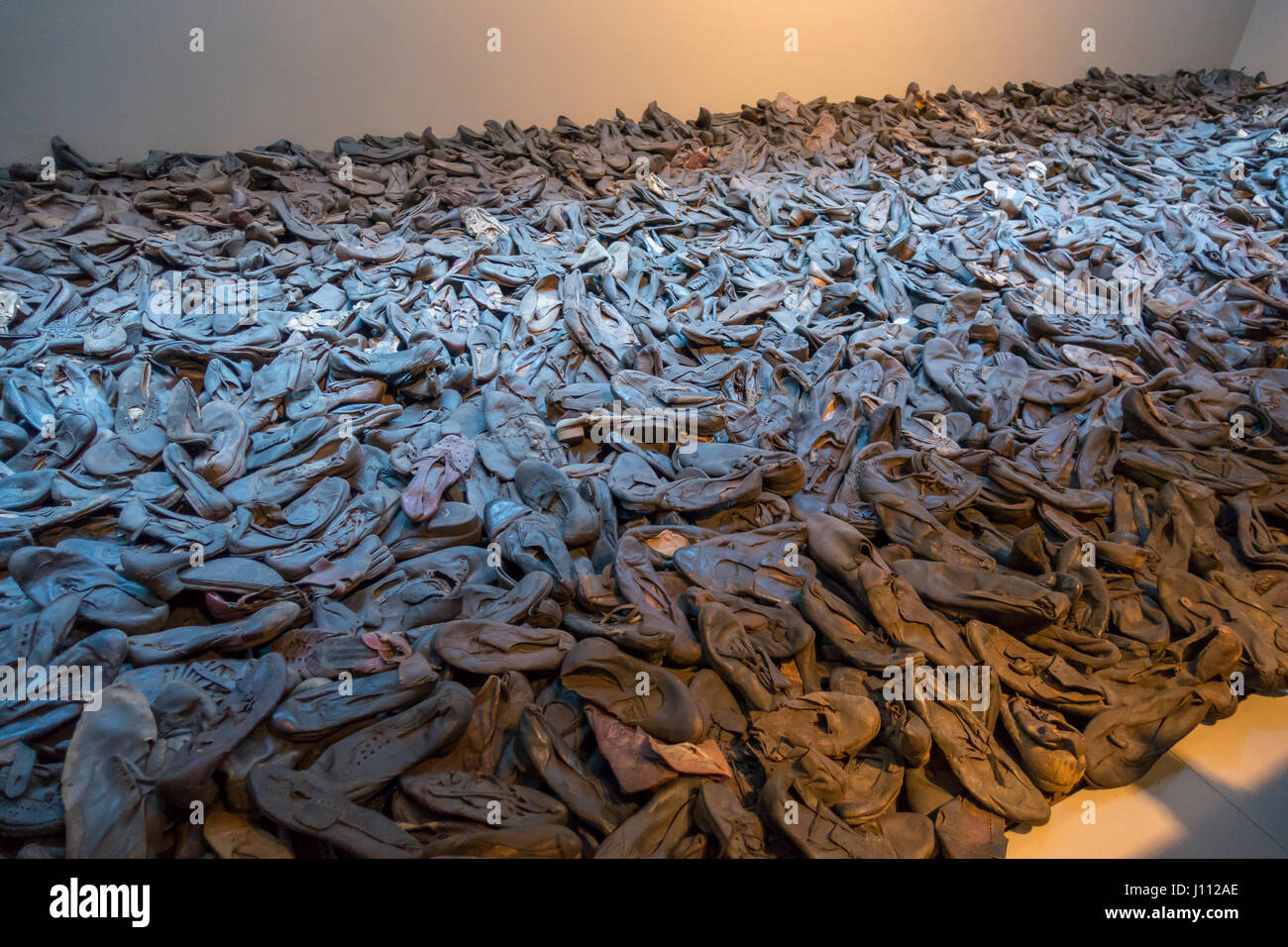 WASHINGTON, DC, USA - United States Holocaust Memorial Museum. Exhibit of shoes found at Majdanek camp in Lublin, Poland at liberation July 1944. Stock Photo