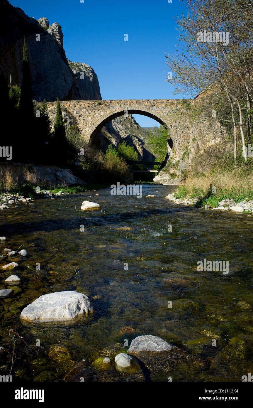 Cidacos river under Cemetery bridge, Arnedillo, La Rioja, Spain. Stock Photo