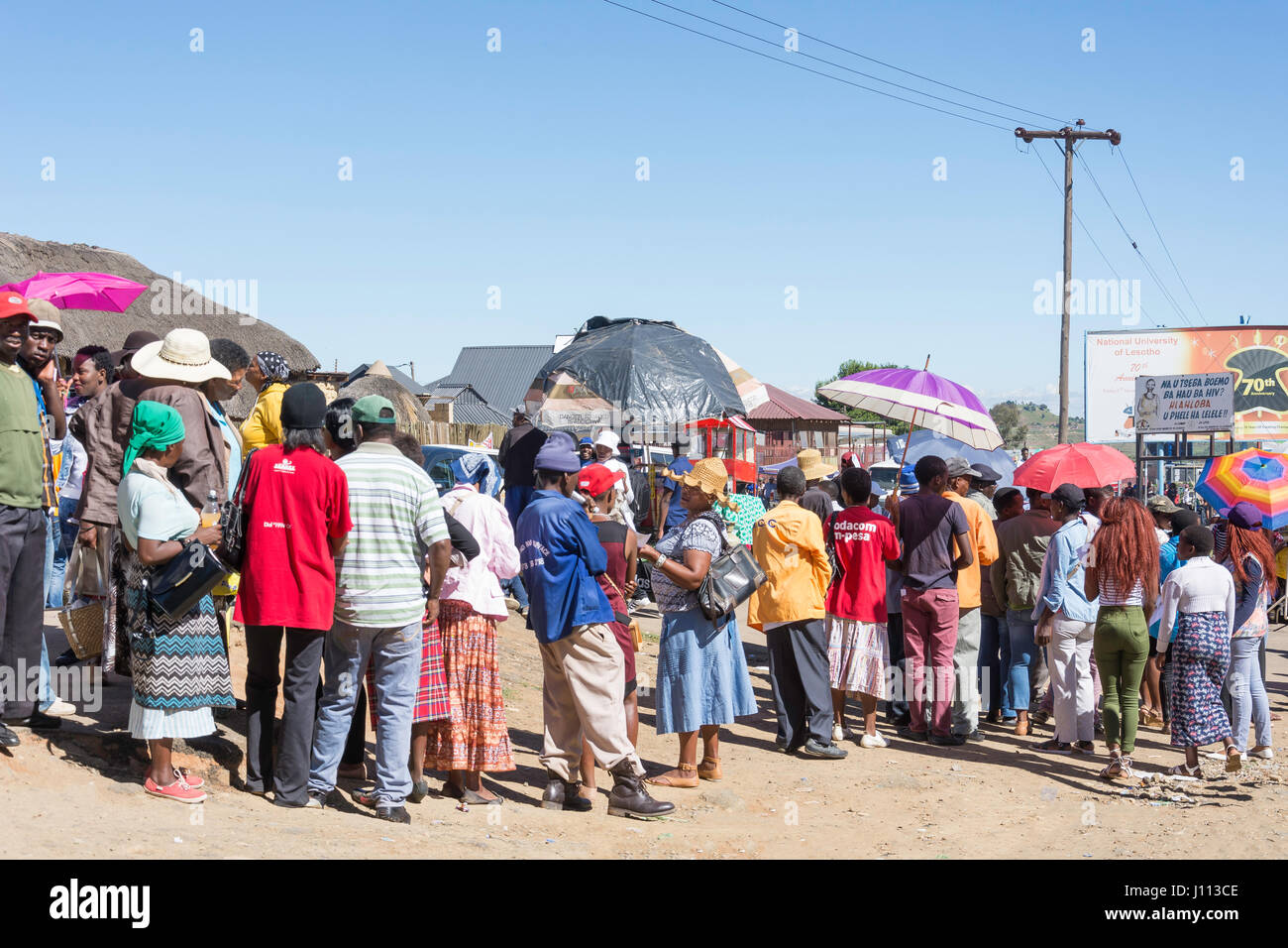 Street queue for local bank, Roma, Maseru District, Kingdom of Lesotho Stock Photo