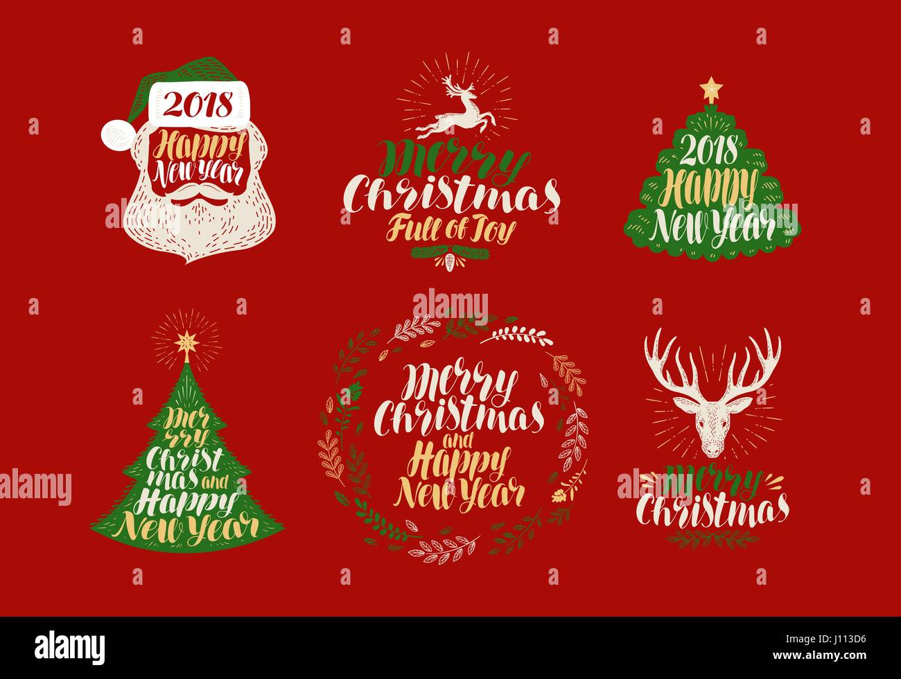 Merry Christmas and Happy New Year label set Xmas icons or logos Lettering