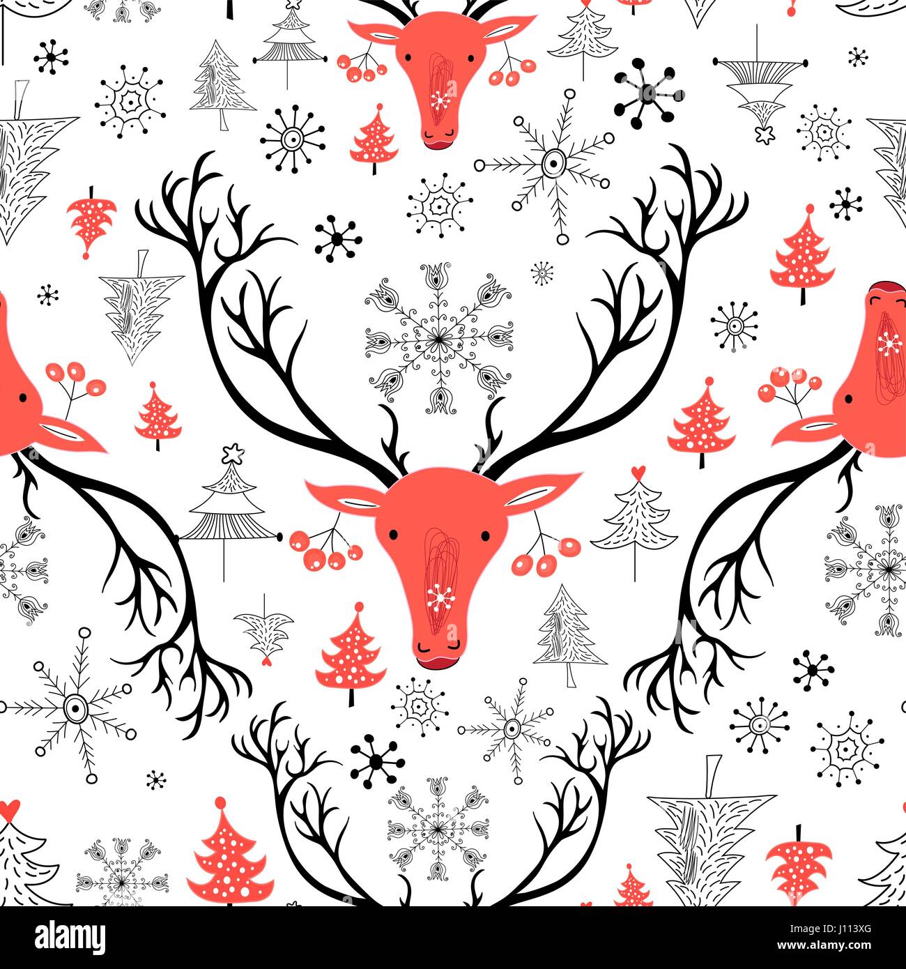 Seamless New Year pattern with red portraits of deer and snowflakes on ...