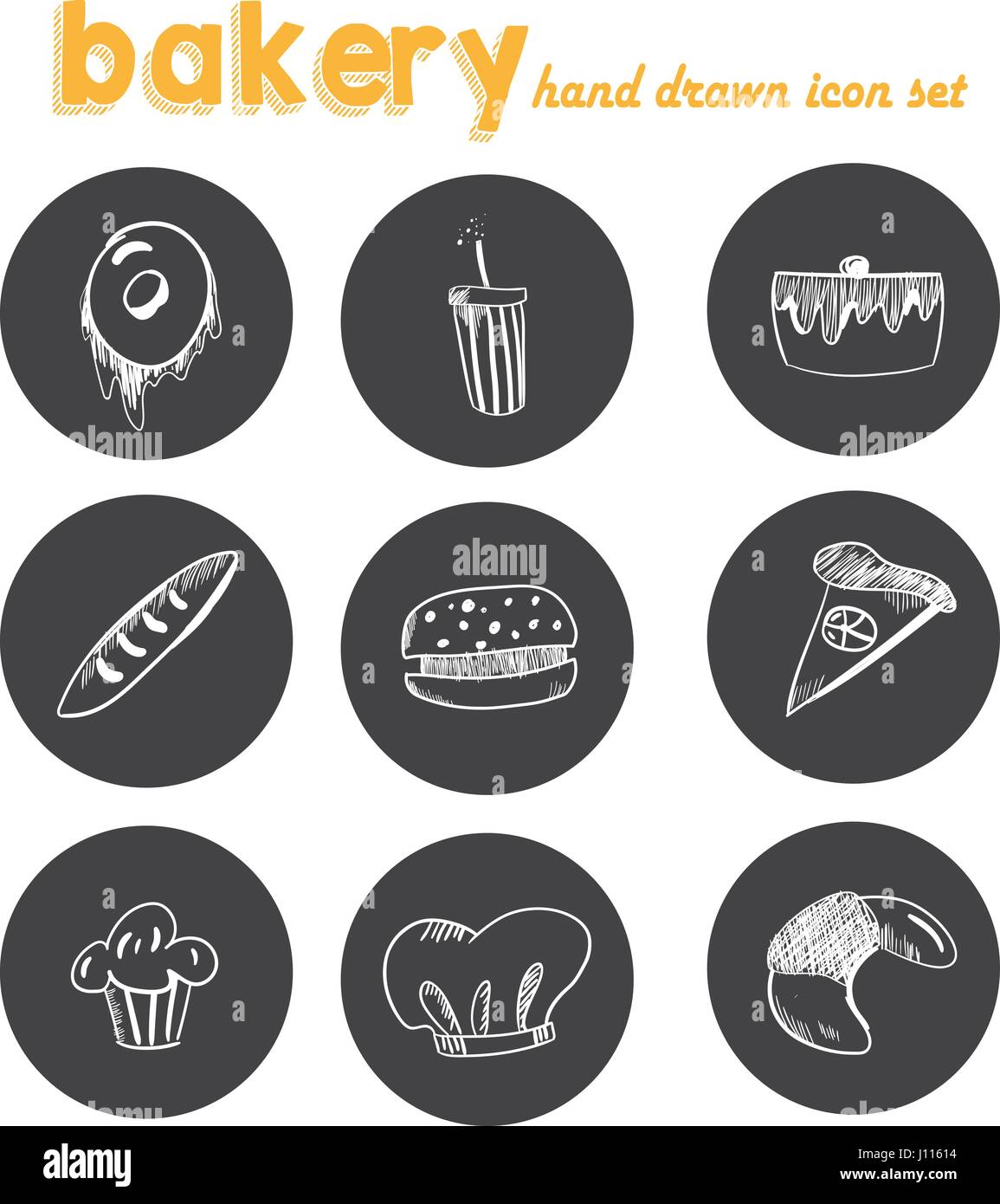 Hand Drawn Bakery icon set. blackboard Sticker with chalk design. vector illustration Stock Vector