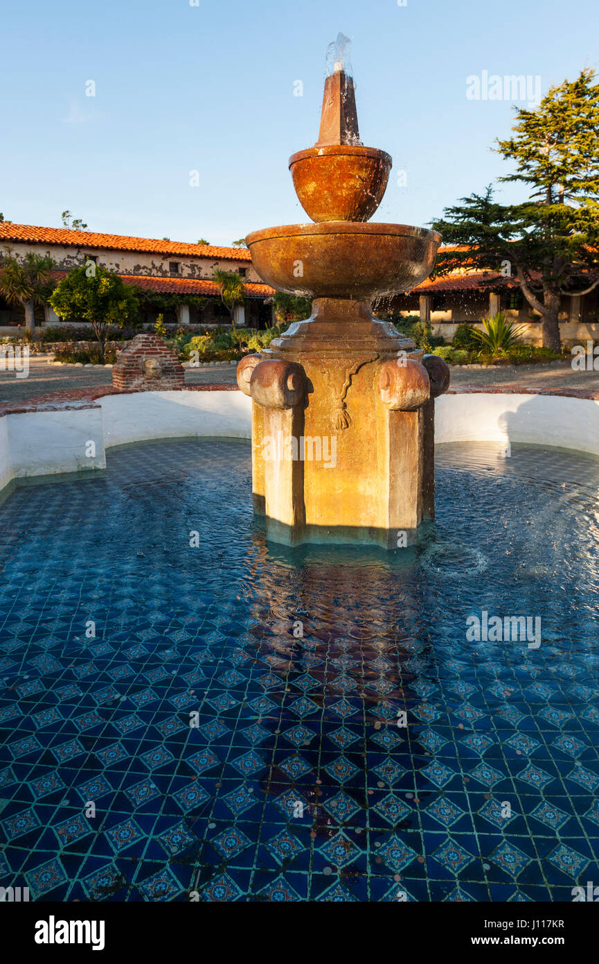 Carmel by The Sea Mission, outside view of patio and fountain, Mission San Carlos Borromeo de Carmelo, California, USA. Stock Photo