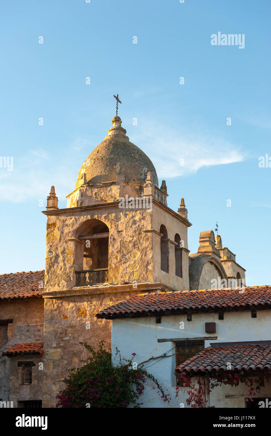 Carmel by The Sea Mission, outside view of church tower, dome, Mission San Carlos Borromeo de Carmelo, California, USA. Stock Photo