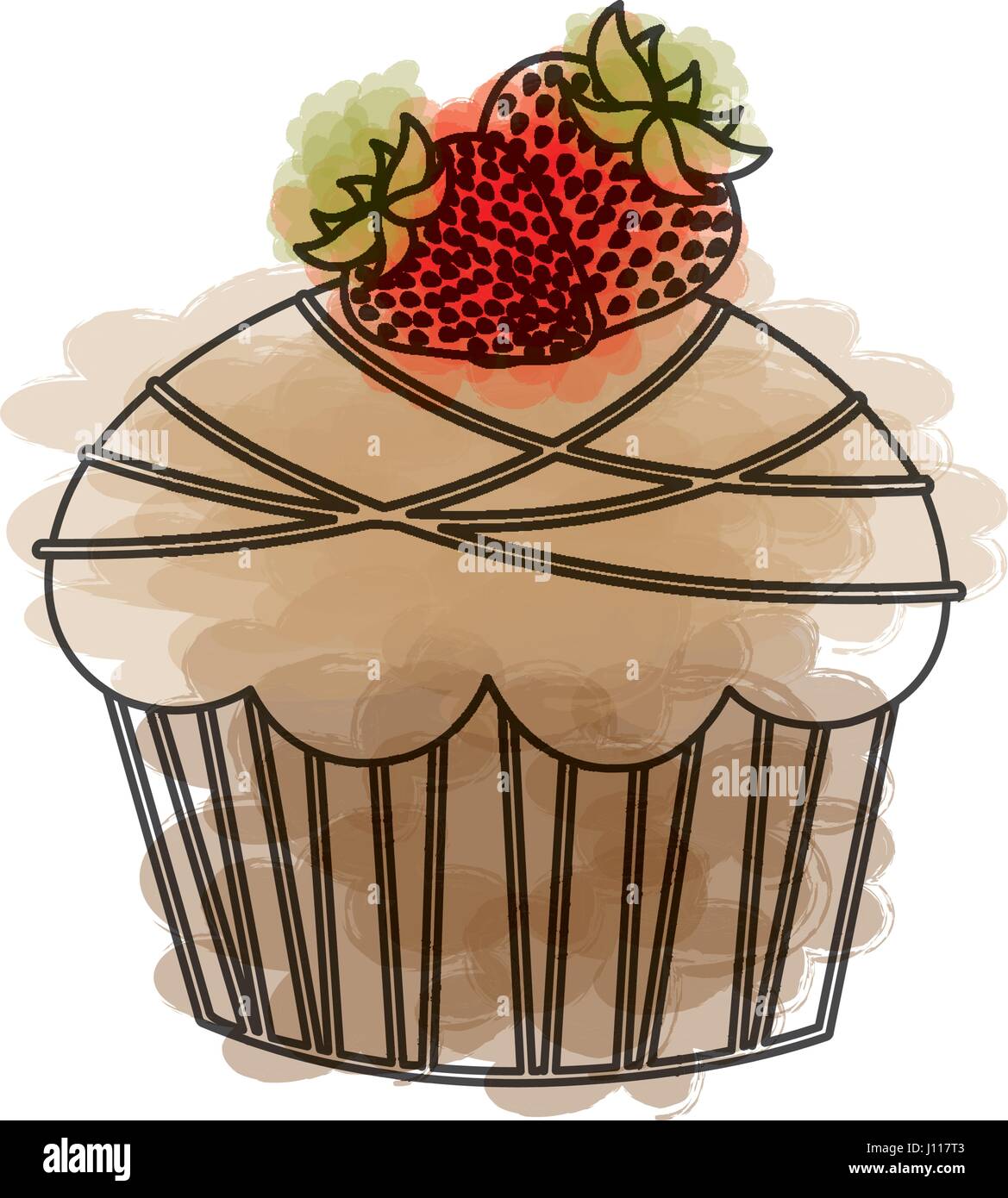watercolor drawing of cupcake with two strawberry fruits Stock Vector ...
