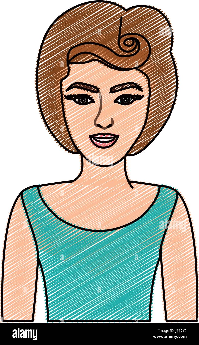 color pencil drawing of half body woman with eighties hairstyle Stock