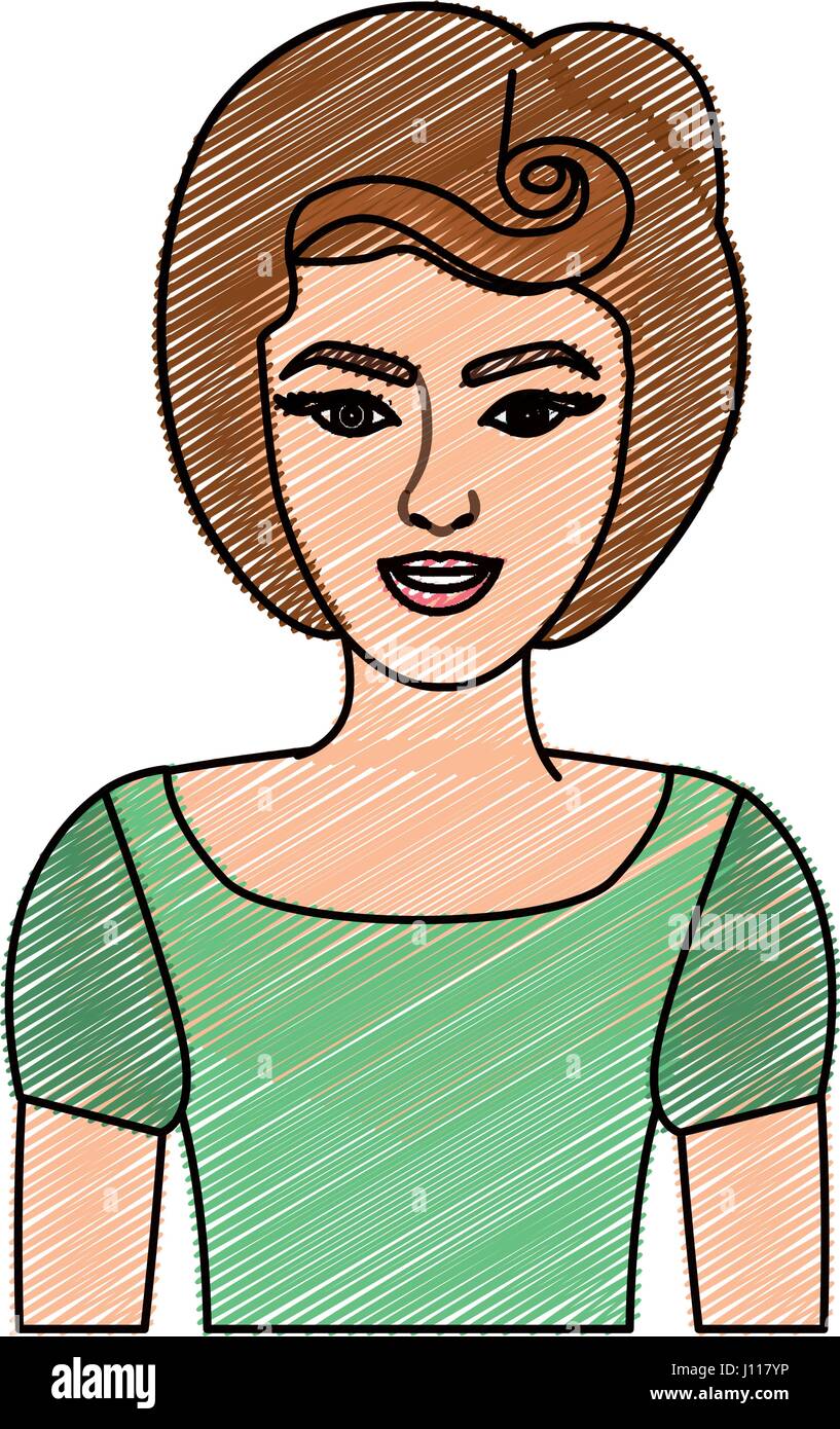 color pencil drawing of half body woman with green t shirt and pin up color pencil drawing of half body woman with green t shirt and pin up
