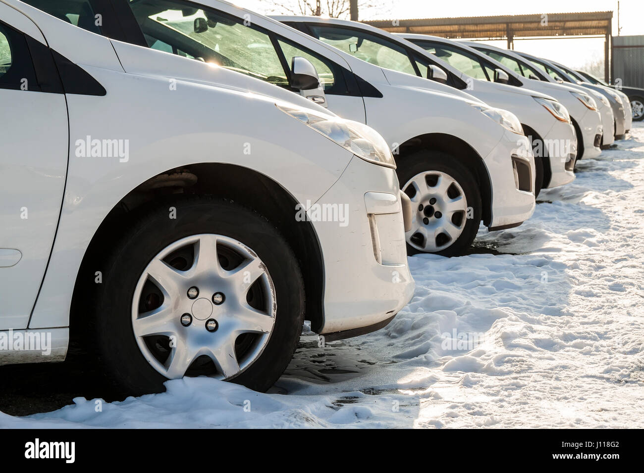 Parked Cars on a Lot. Row of New Cars on the Car Dealer Parking Lot