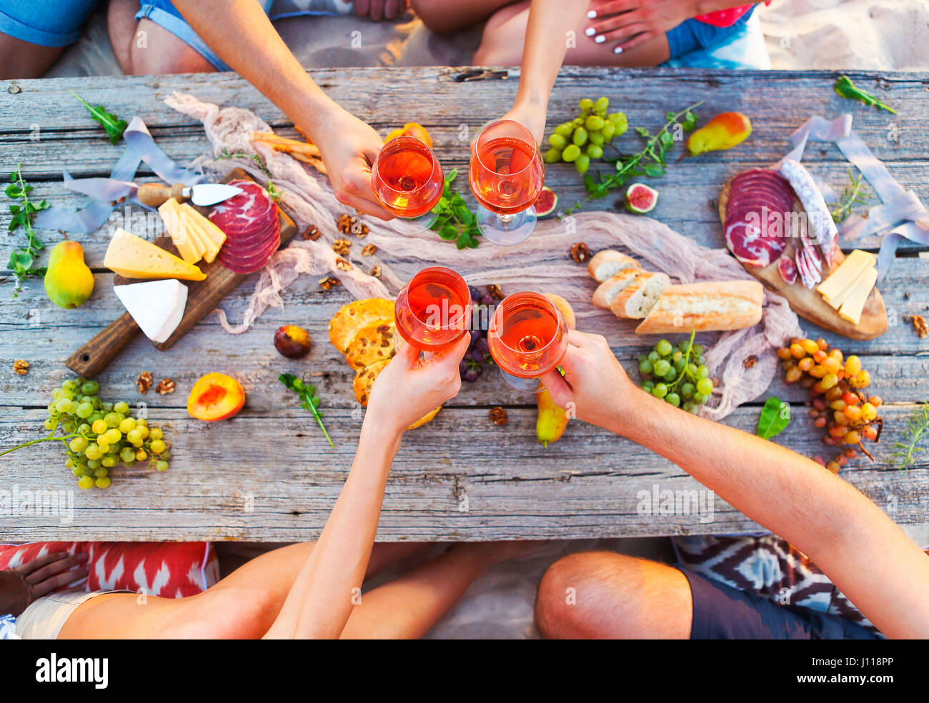 Top view beach picnic table. Table close. Beach party Stock Photo