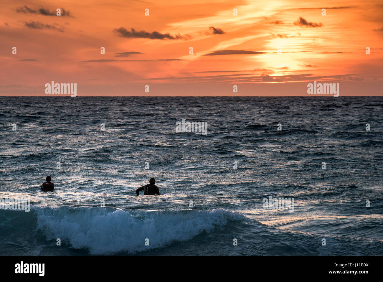 Surfing UK Surfers Waiting for a wave Sunset Intense sunset Fistral Cornwall Watersport Evening Physical activity Tourism Leisure activity Stock Photo