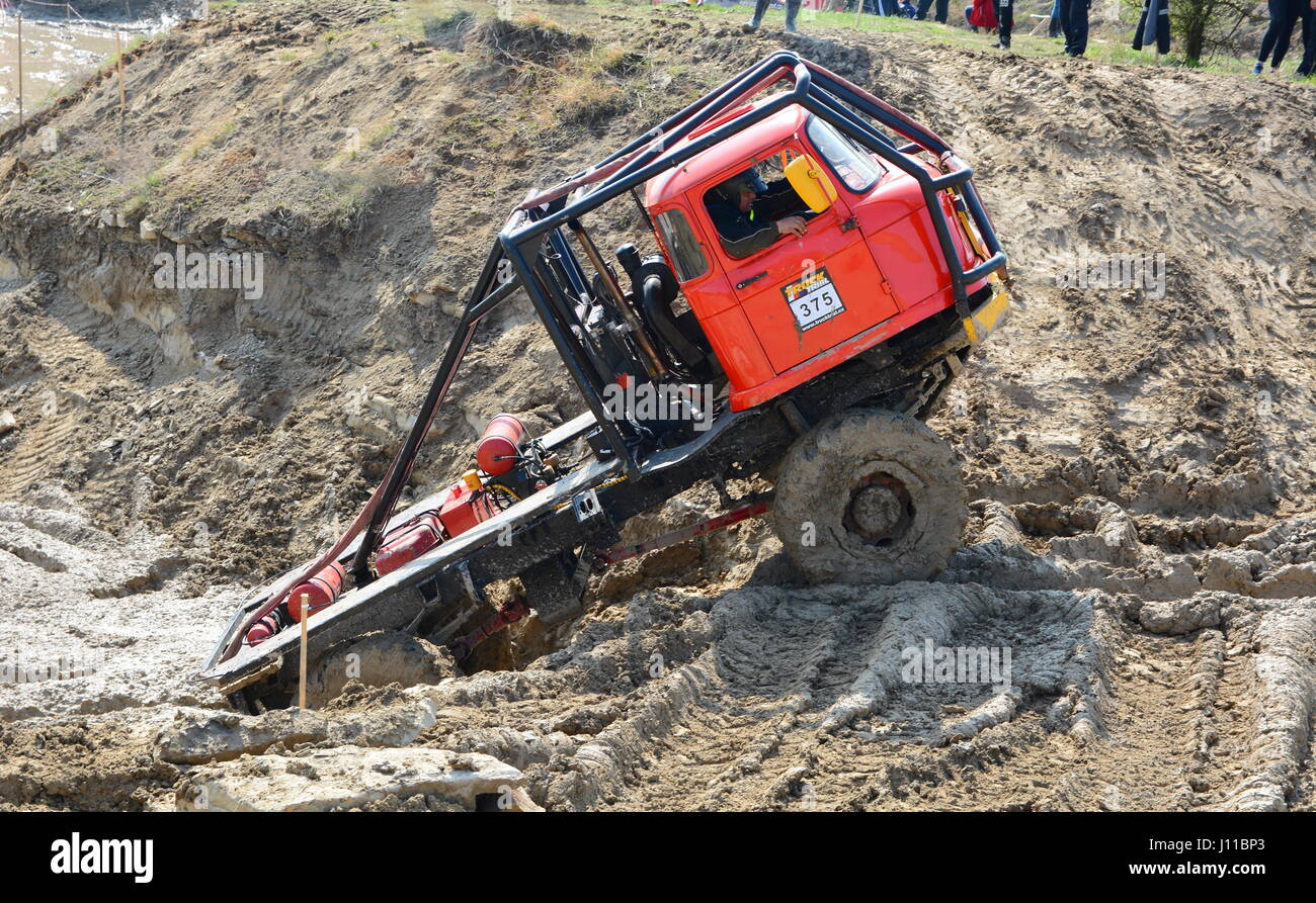 MILOVICE, CZECH REPUBLIC - APRIL 09, 2017: Unidentified truck at difficult muddy terrain during truck trial National championship show of Czech Republ Stock Photo
