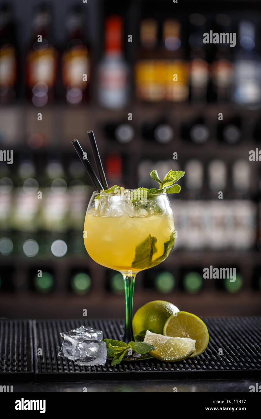 Cocktail is consisting of tequila, freshly squeezed lime juice, mango juice and garnished with a