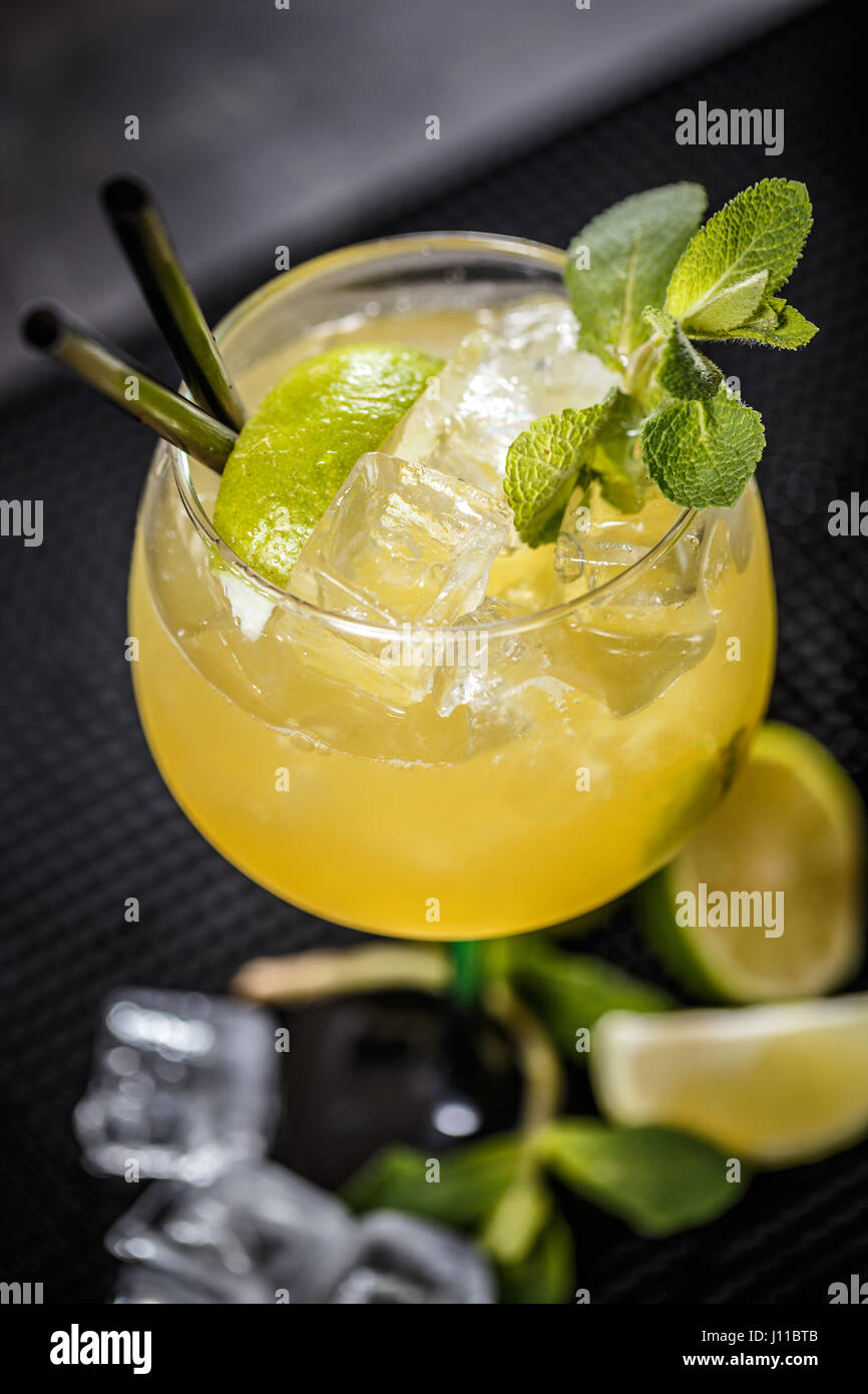 Cocktail is consisting of tequila, freshly squeezed lime juice, mango juice and garnished with a