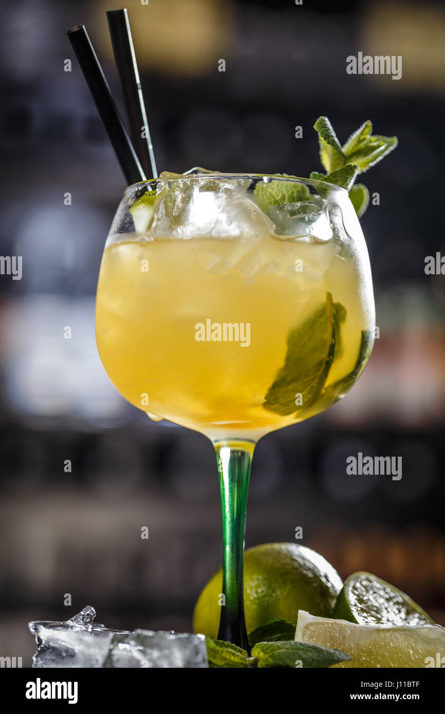 Cocktail is consisting of tequila, freshly squeezed lime juice, mango juice and garnished with a