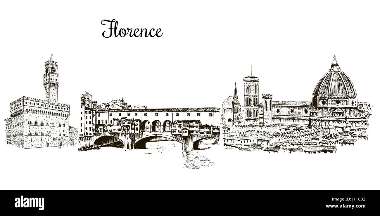 Set of Florence symbols silhuettes. Cityline. Duomo Santa maria del fiore, Palazzo Vecchio, Ponte Vecchio bridge Stock Vector