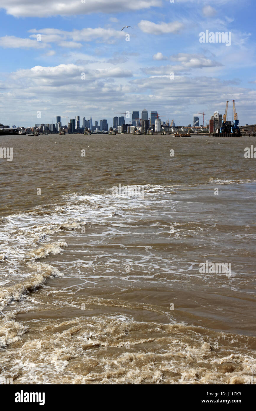 The Woolwich Ferry crossing on the River Thames in London England UK
