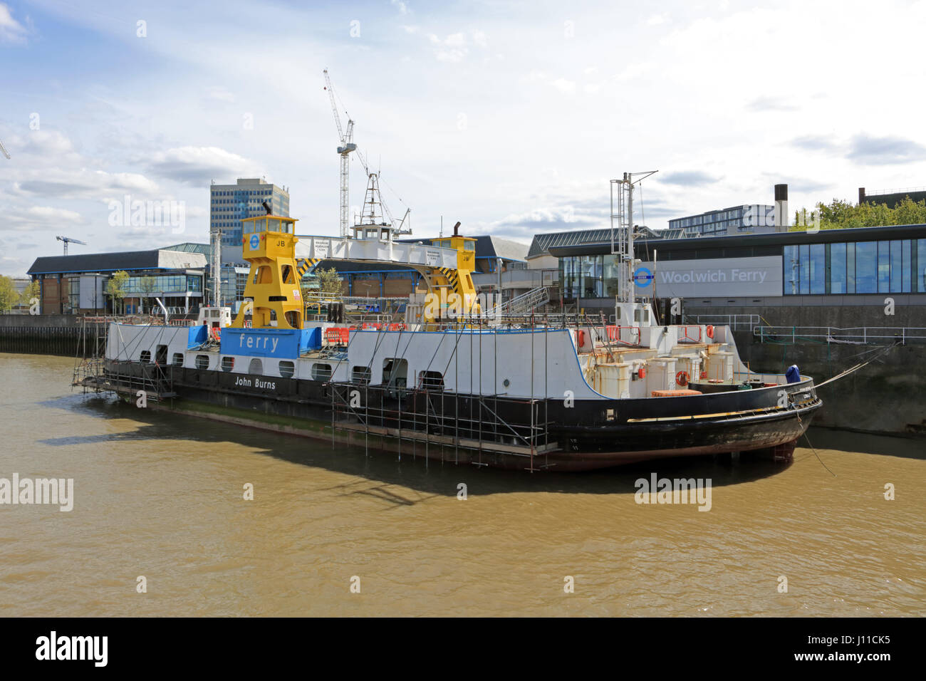 The Woolwich Ferry crossing on the River Thames in London England UK
