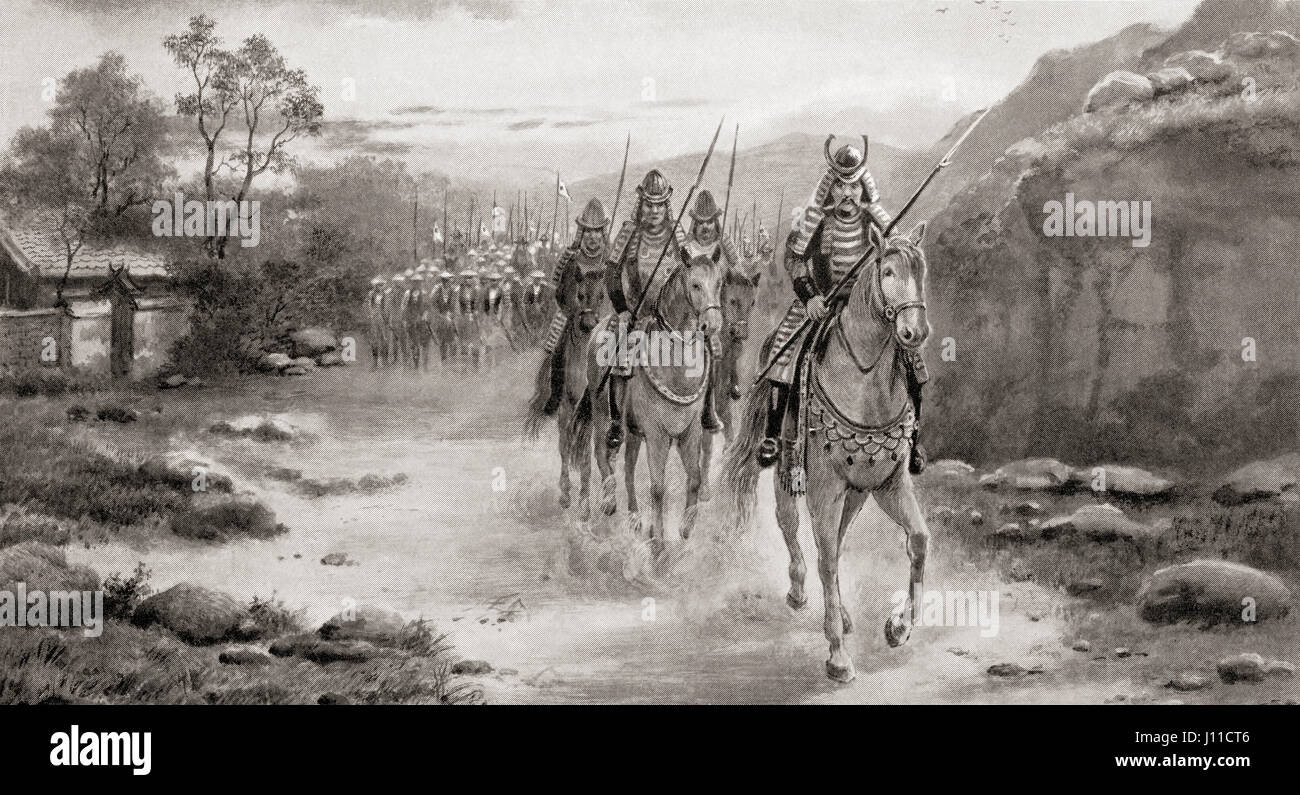 Hideyoshi's army on its way to conquer China, 1592.   Toyotomi Hideyoshi, 1537 – 1598.  Preeminent Japanese daimyō (feudal lord), warrior, general, samurai, and politician of the Sengoku period.  From Hutchinson's History of the Nations, published 1915 Stock Photo